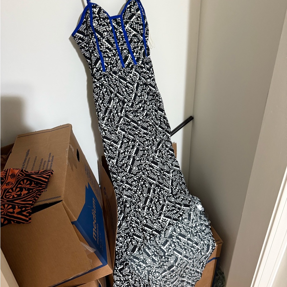 Xhilaration Black and White Strapless Dress with Blue Accents